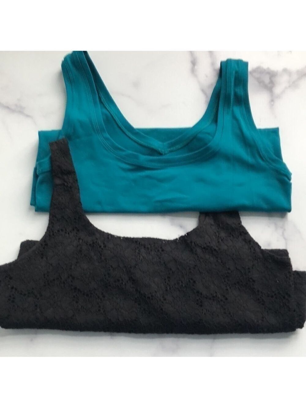 Set of Two WHBM Tank Tops Black Eyelet Lace and Teal Stretch Fit Size Small